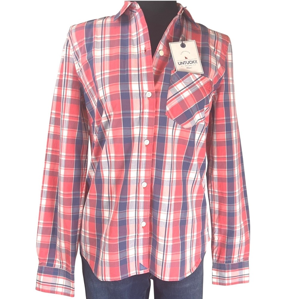 UNTUCKit Laconda‎ Plaid Button Shirt Size 0  Rose/Blue/White Casual Prairie NWT